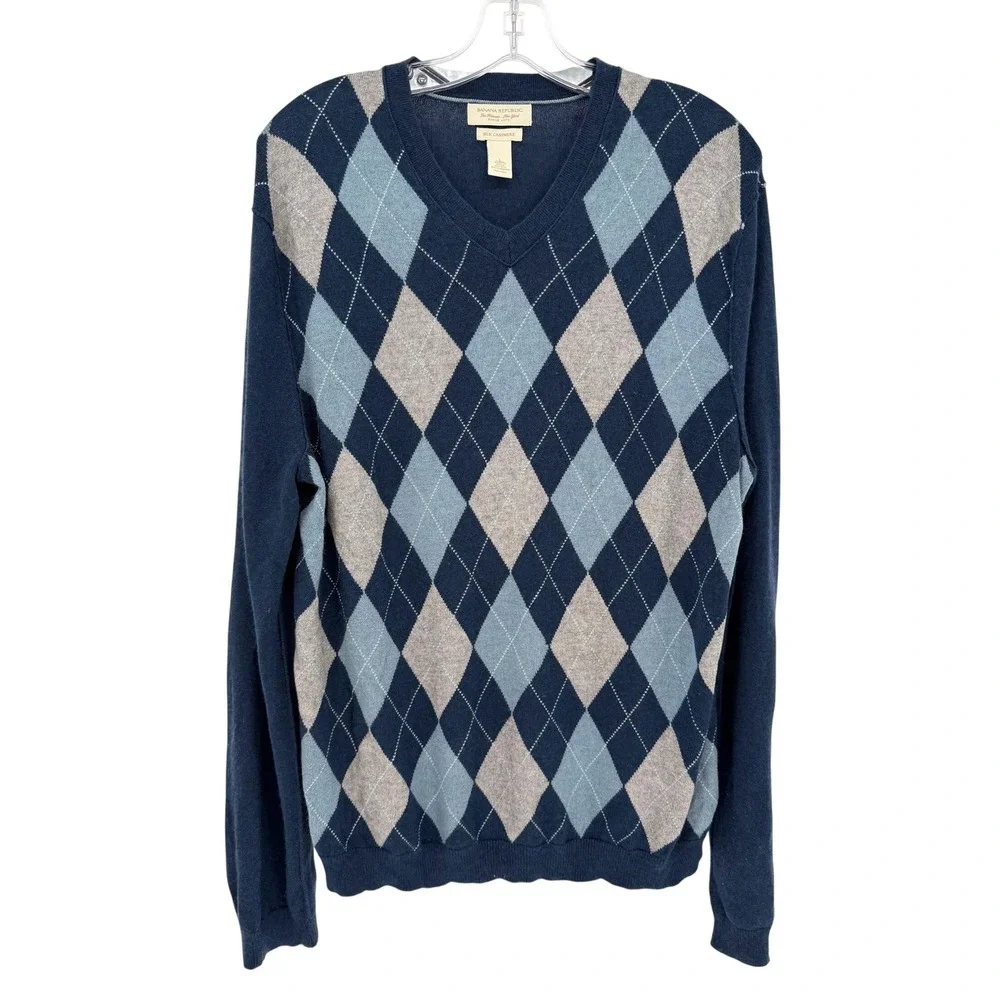 Banana Republic Argyle Cashmere Silk Sweater Mens Large Navy Preppy Quiet Luxury
